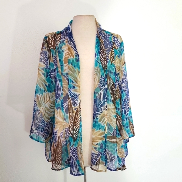 Bon Worth Semi Sheer Tropical Leaf Detail Kimono Aqua Size L - Picture 3 of 12